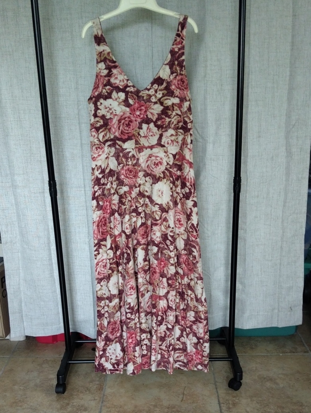 Chaps Women's Maxi Dress Burgundy Cream Rose Print Size Large